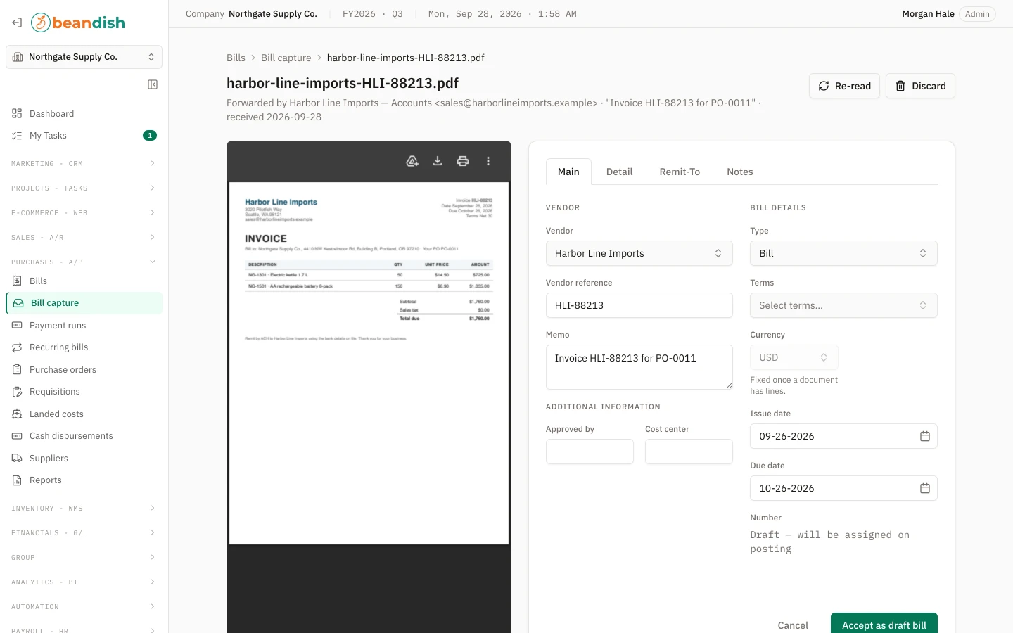 Bill capture review: the supplier's PDF on the left and the draft bill it became on the right