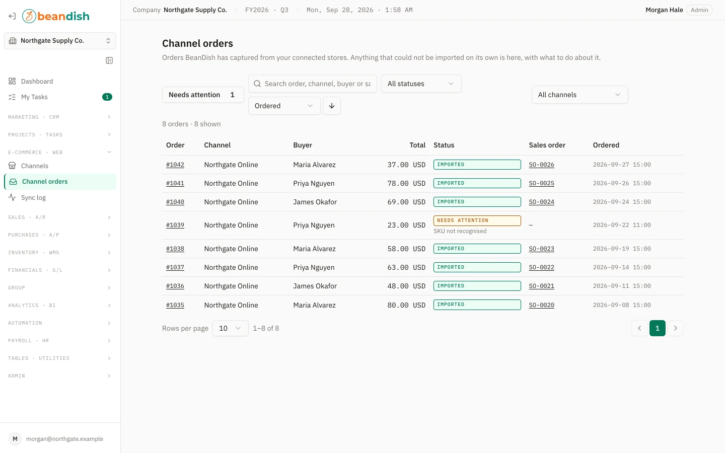 The Channel orders list: eight Shopify orders with their sales order numbers and sync states, one flagged as needing attention