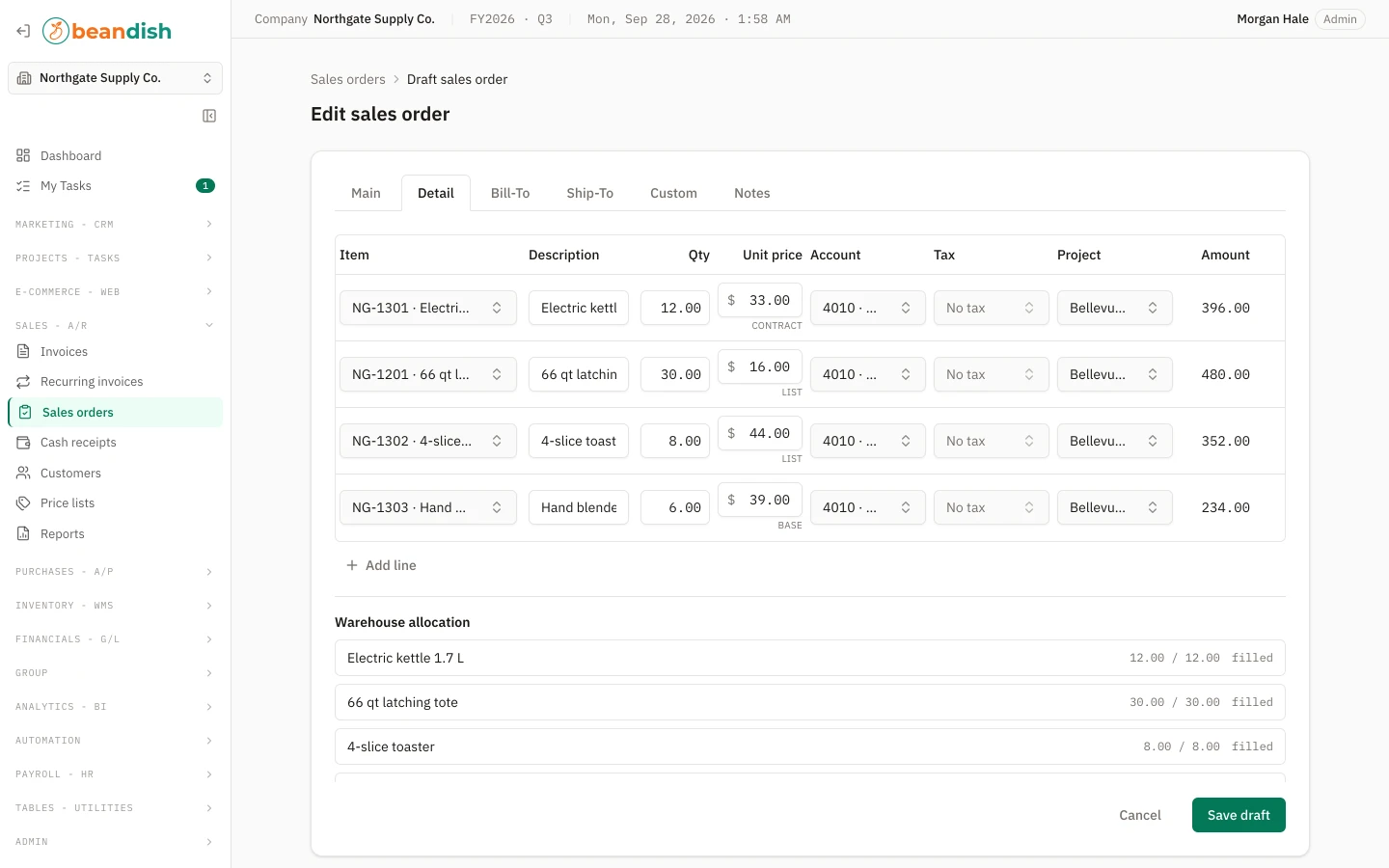 A draft sales order for a retail chain in the editor, each line's unit price stamped with where it came from: a contract, the price list, or the item's base price