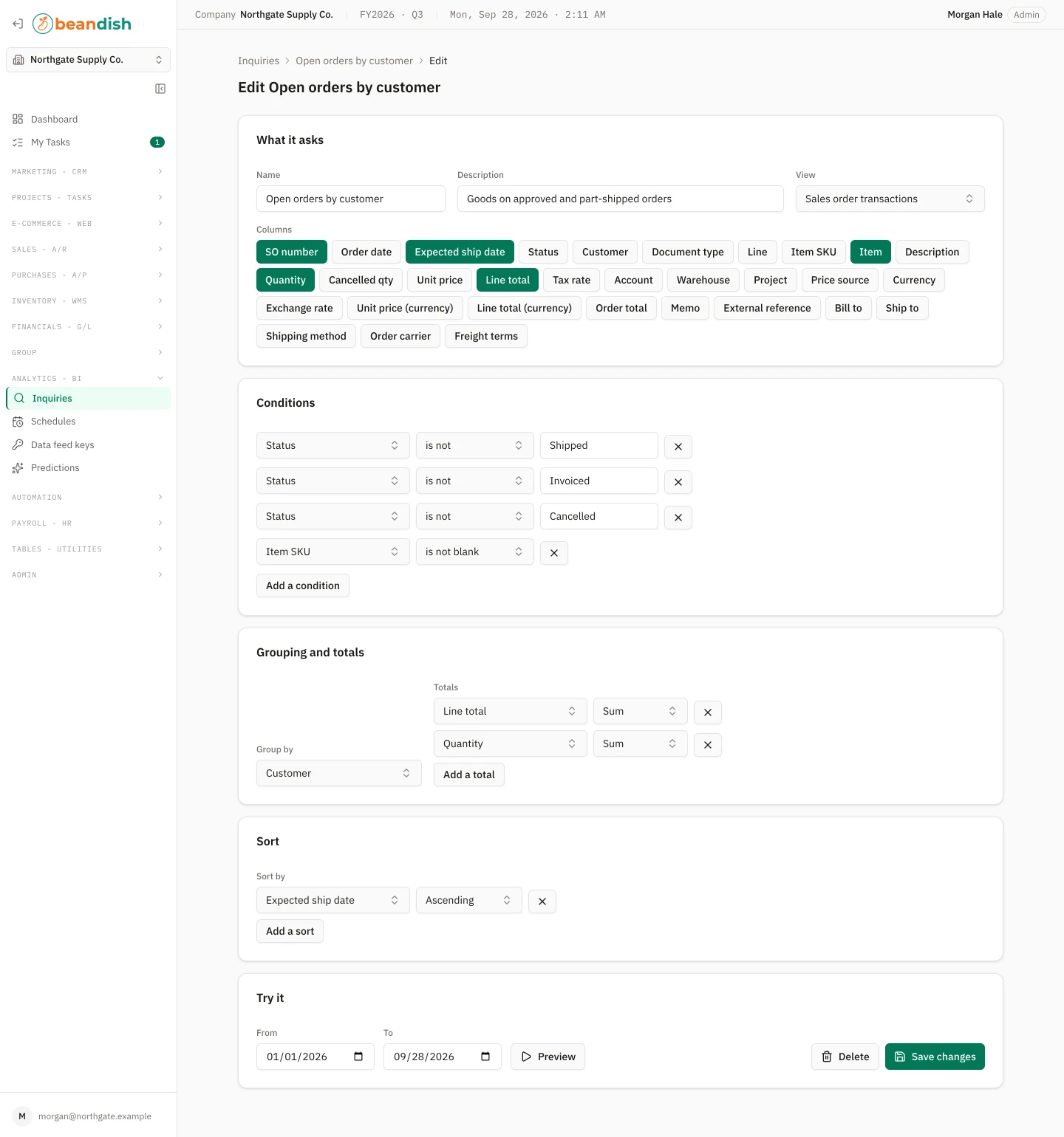 The inquiry builder for a saved question over sales order transactions: its name, description and view; the columns to show, picked from the view’s fields; conditions on status and item SKU; grouping by customer with totals; a sort; and a date range to preview it over, beside Delete and Save changes
