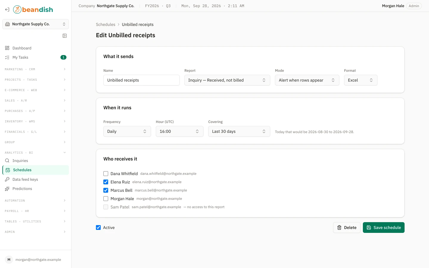 The schedule editor for an alert: its name, the inquiry it watches, the mode and the file format; how often and at what hour (UTC) it runs and the rolling period it covers; the members who receive it, one of them grayed out for lacking access to the report; and the Active box beside Delete and Save schedule