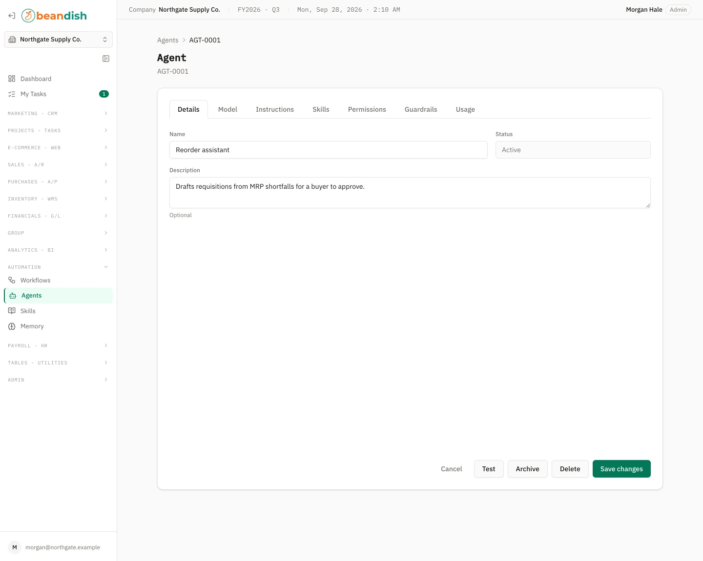 The agent editor on its Details tab: the Name, Status and Description fields, with the Details, Model, Instructions, Skills, Permissions, Guardrails and Usage tabs above and the Test, Archive, Delete and Save changes buttons below