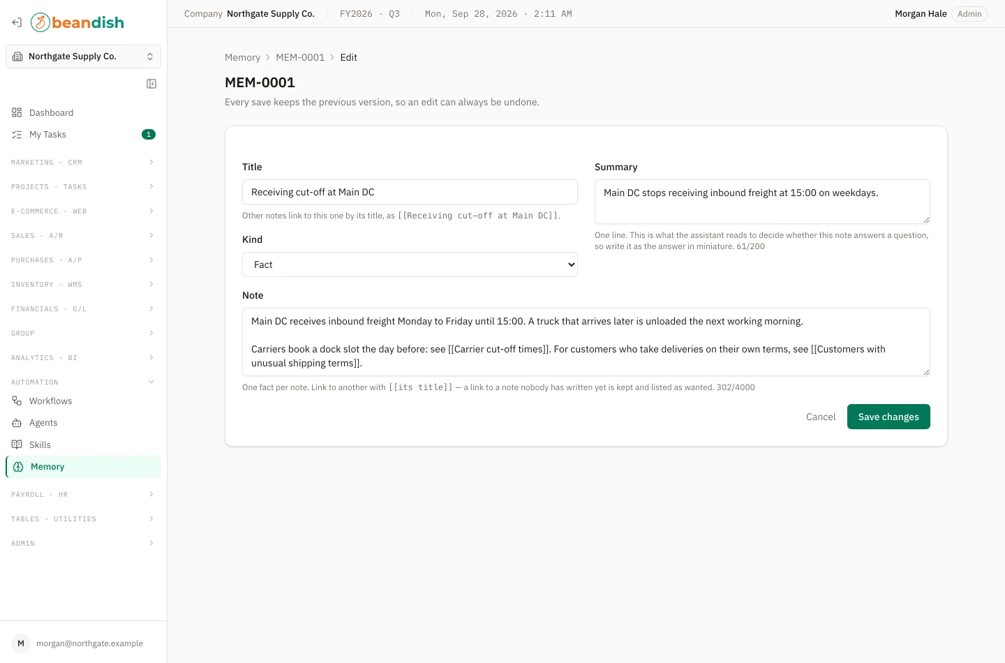 The memory note editor: the Title, Summary and Note fields, each with its hint line — the Summary’s and the Note’s with a character count — the Kind picker, and the Cancel and Save changes buttons