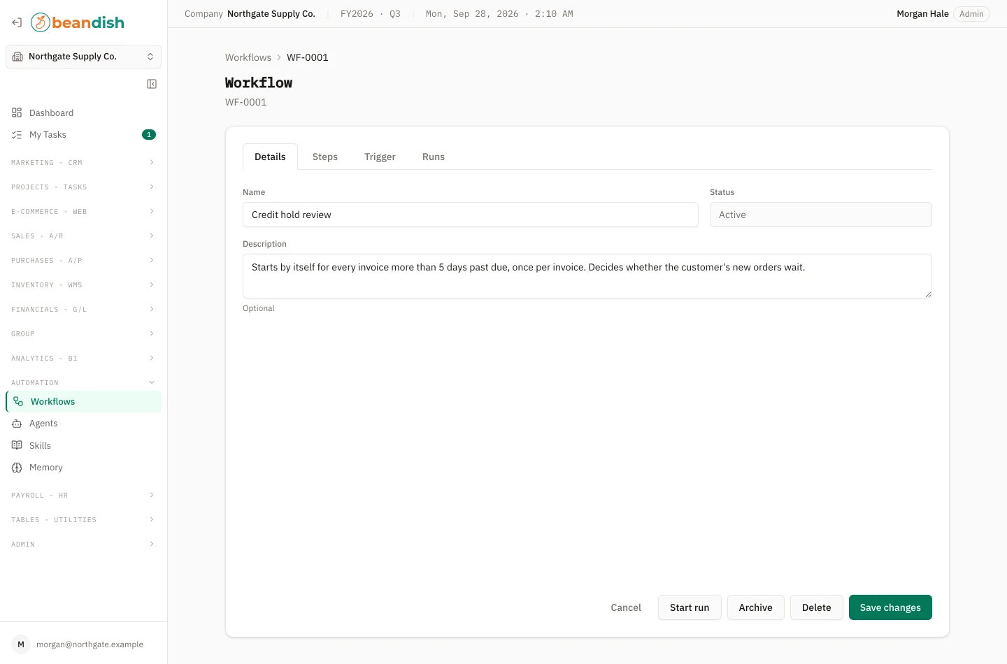 The workflow editor on its Details tab: the Name, Status and Description fields, with the Details, Steps, Trigger and Runs tabs above and the Start run, Archive, Delete and Save changes buttons below