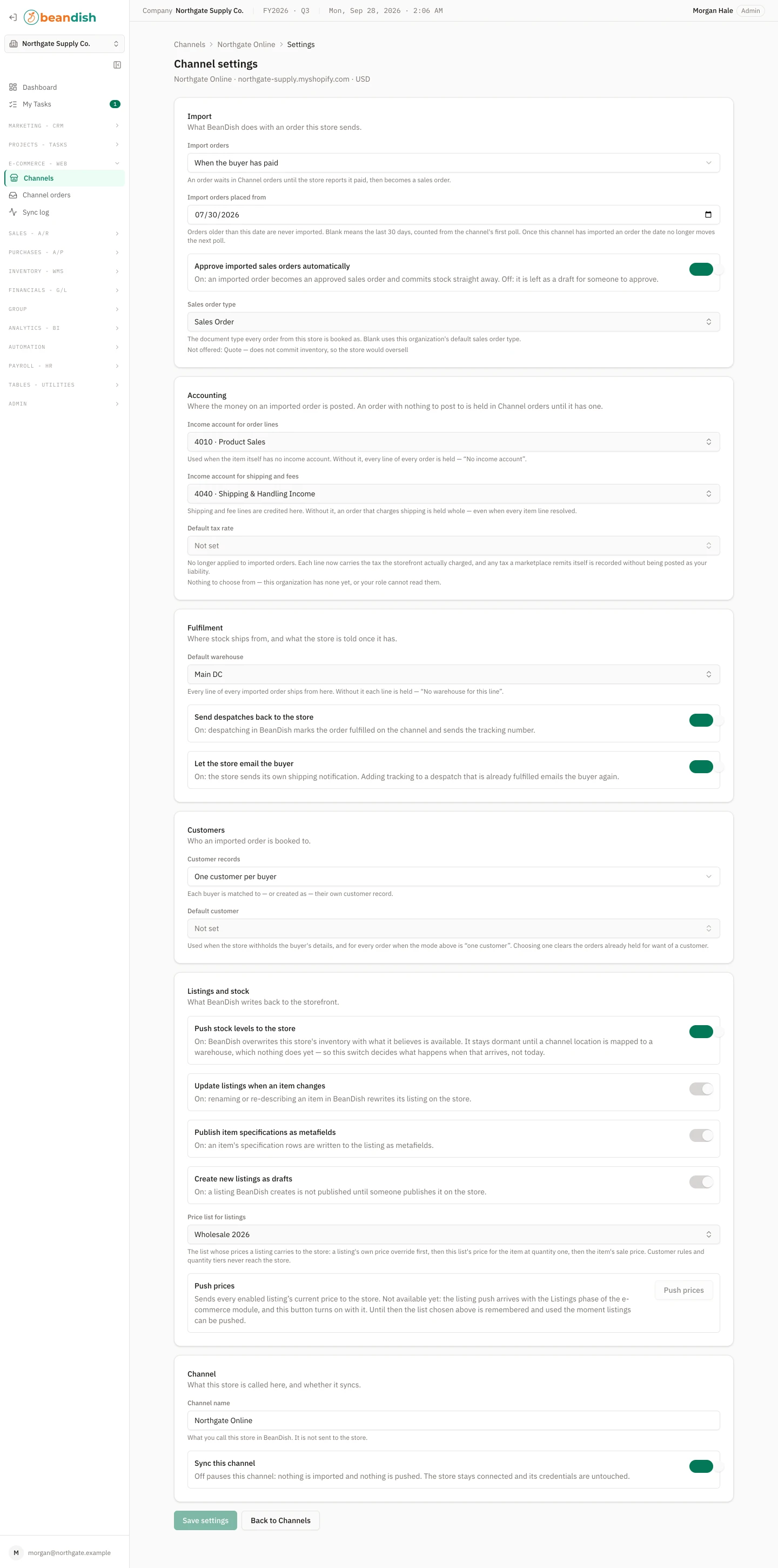 A connected store’s channel settings form: when orders import and the date they are imported from, a switch to approve imported sales orders automatically and the sales order type; the income accounts for order lines and for shipping and fees and the default tax rate; the default warehouse with switches for sending despatches back to the store and letting the store email the buyer; how buyers become customer records and the default customer; switches for pushing stock levels, updating listings, publishing item specifications and creating listings as drafts, the price list for listings and a Push prices button; the channel’s name and its sync switch; and Save settings and Back to Channels buttons