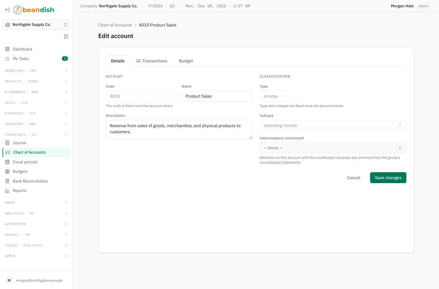 A ledger account’s edit form on its Details tab: the code, name and description under Account, beside the type, subtype and intercompany counterpart under Classification, with notes that the code, type and subtype are fixed once the account exists, Cancel and Save changes buttons, and tabs for the account’s GL transactions and budget
