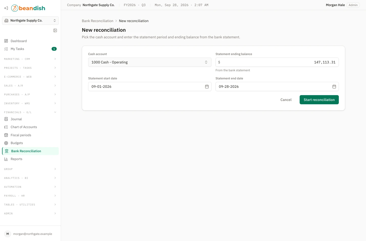 The form that starts a bank reconciliation: the cash account and the statement ending balance from the bank statement, beside the statement start and end dates, with Cancel and Start reconciliation buttons