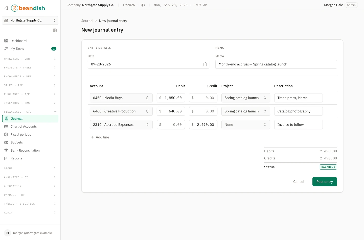 The new journal entry form: the date and memo above a table of lines, each with its account, debit, credit, project and description, an Add line control, the debit and credit totals with a Balanced status, and Cancel and Post entry buttons