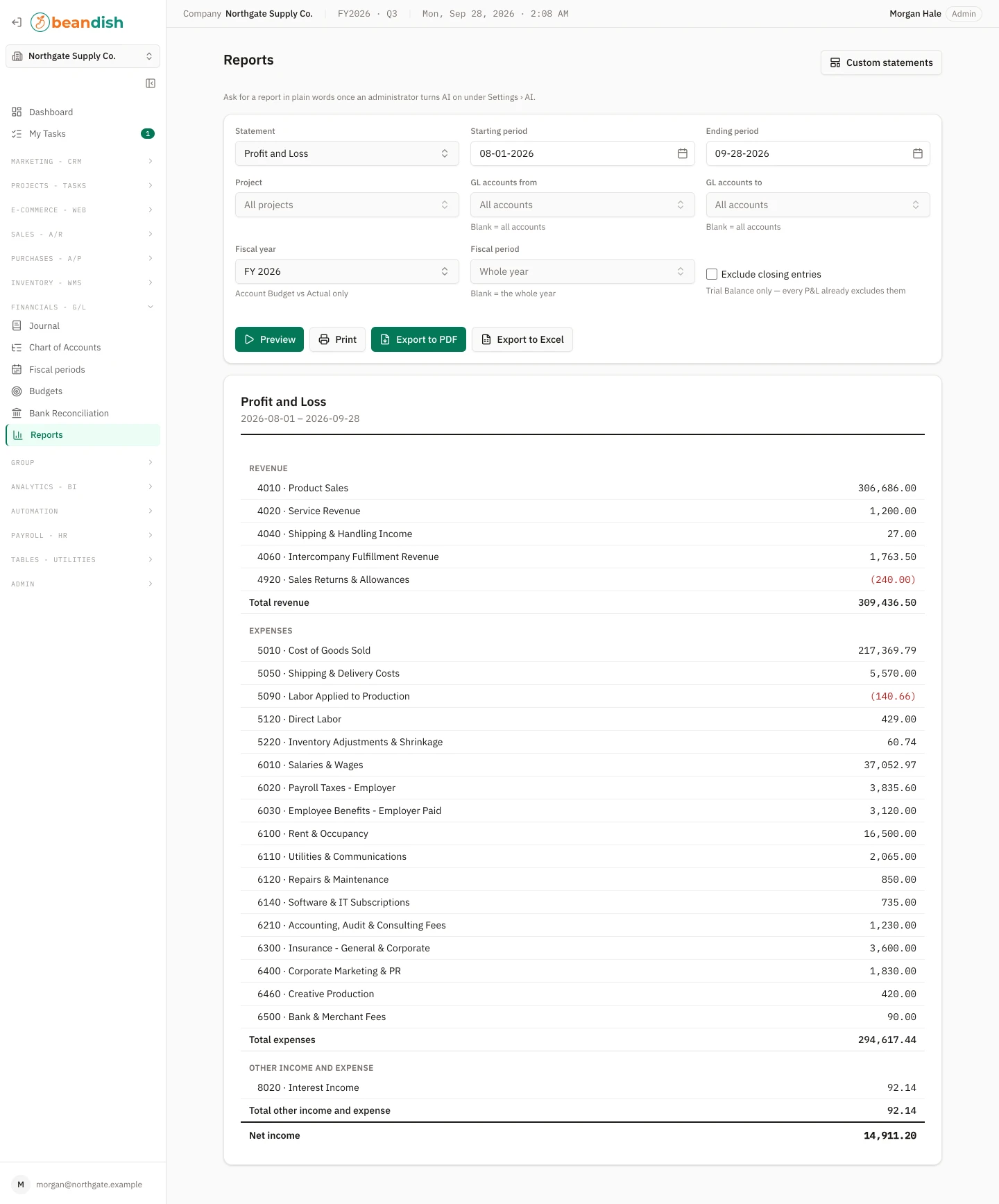 The profit and loss report: filters for the statement, starting and ending period, project, GL account range, fiscal year and fiscal period, an exclude-closing-entries checkbox and Preview, Print, Export to PDF and Export to Excel buttons, above the statement’s revenue, expenses and other income and expense sections by account with their totals, ending in net income