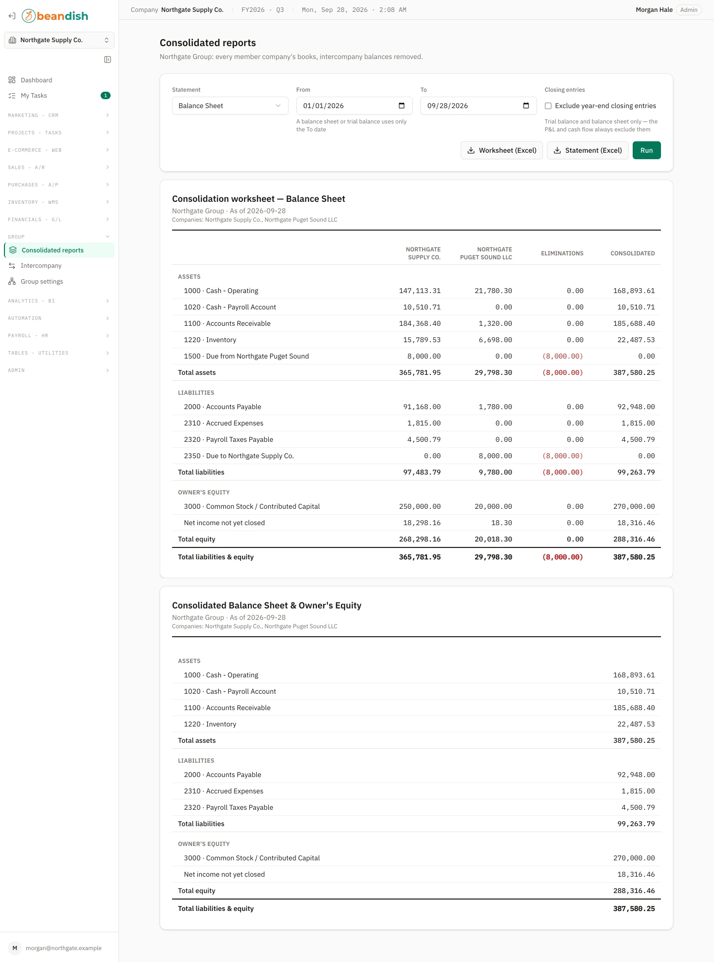 The consolidated balance sheet report: statement, date and closing-entries filters with Excel downloads, above a consolidation worksheet of assets, liabilities and owner’s equity with a column for each member company, the eliminations of what the companies owe each other and the consolidated total, and the group’s consolidated balance sheet and owner’s equity below it