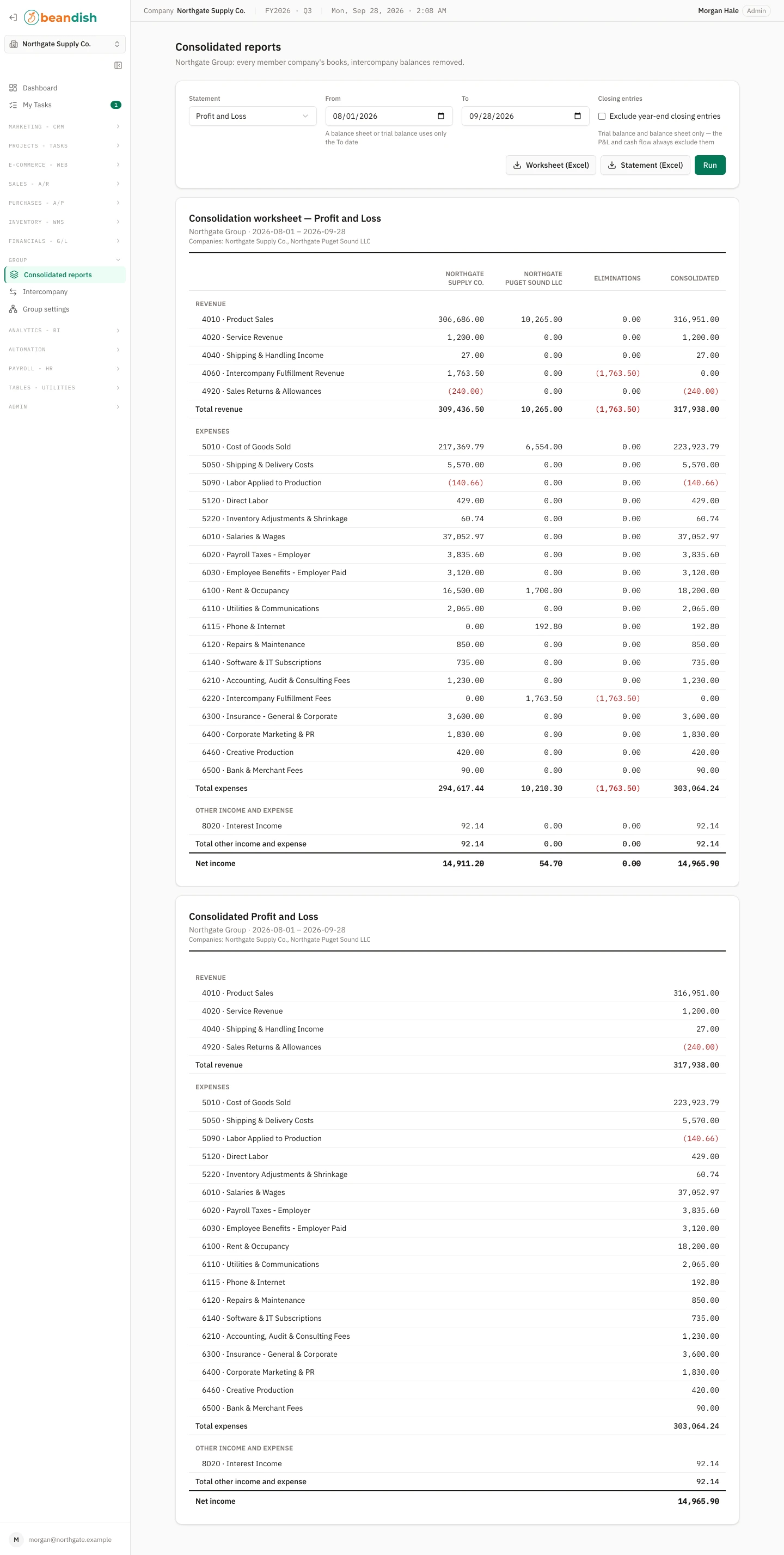 The consolidated profit and loss report: statement, from and to date and closing-entries filters with Excel downloads for the worksheet and the statement, above a consolidation worksheet listing revenue, expenses and other income and expense with a column for each member company, the eliminations and the consolidated total, and the group’s consolidated profit and loss statement below it, ending in net income