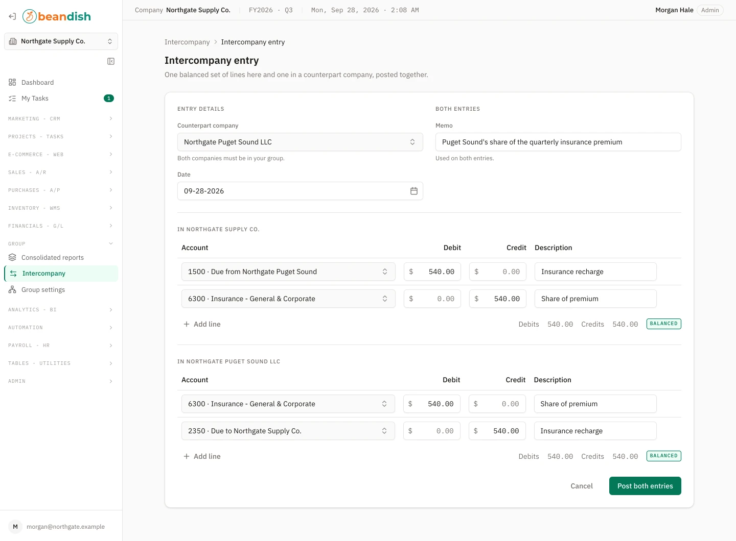 The intercompany entry form: the counterpart company and date beside a memo used on both entries, then the account, debit, credit and description lines for each of the two companies, each set with an add-line control, its debit and credit totals and a balanced stamp, and Cancel and Post both entries buttons