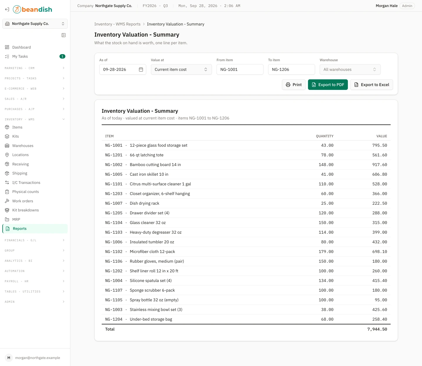 The inventory valuation summary report: as-of date, valuation basis, item range and warehouse filters with print and export buttons, above one line per item showing its quantity on hand and value, and a total