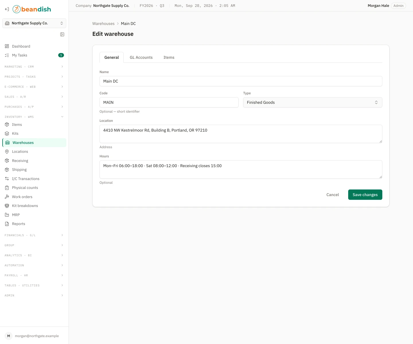 The warehouse form on its General tab: name, code, warehouse type, address and opening hours, with GL Accounts and Items tabs beside it