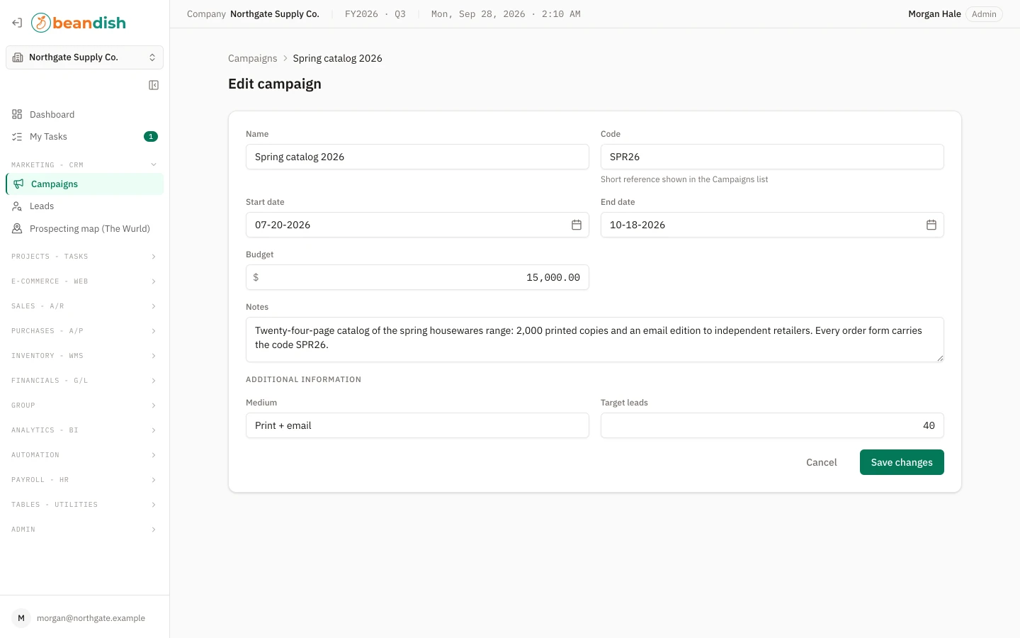 The campaign form: name, code, start and end dates, budget and notes, then the company’s own fields under Additional information, with Cancel and Save changes