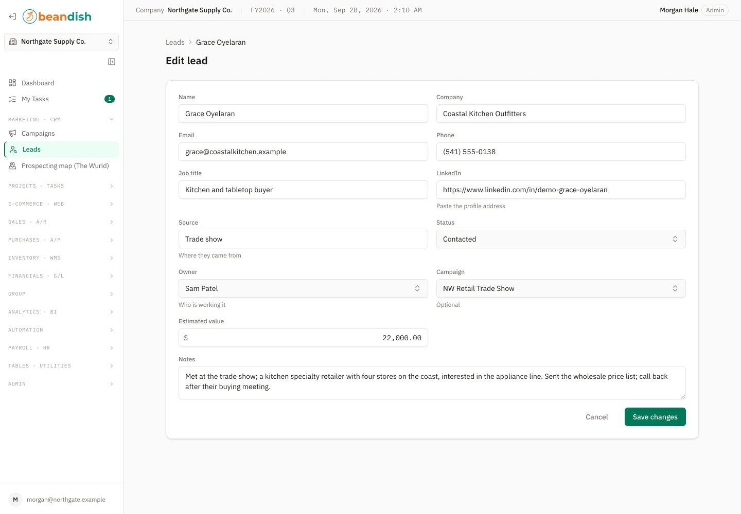 The lead form: name, company, email, phone, job title and LinkedIn, then source, status, owner, campaign, estimated value and notes, with Cancel and Save changes