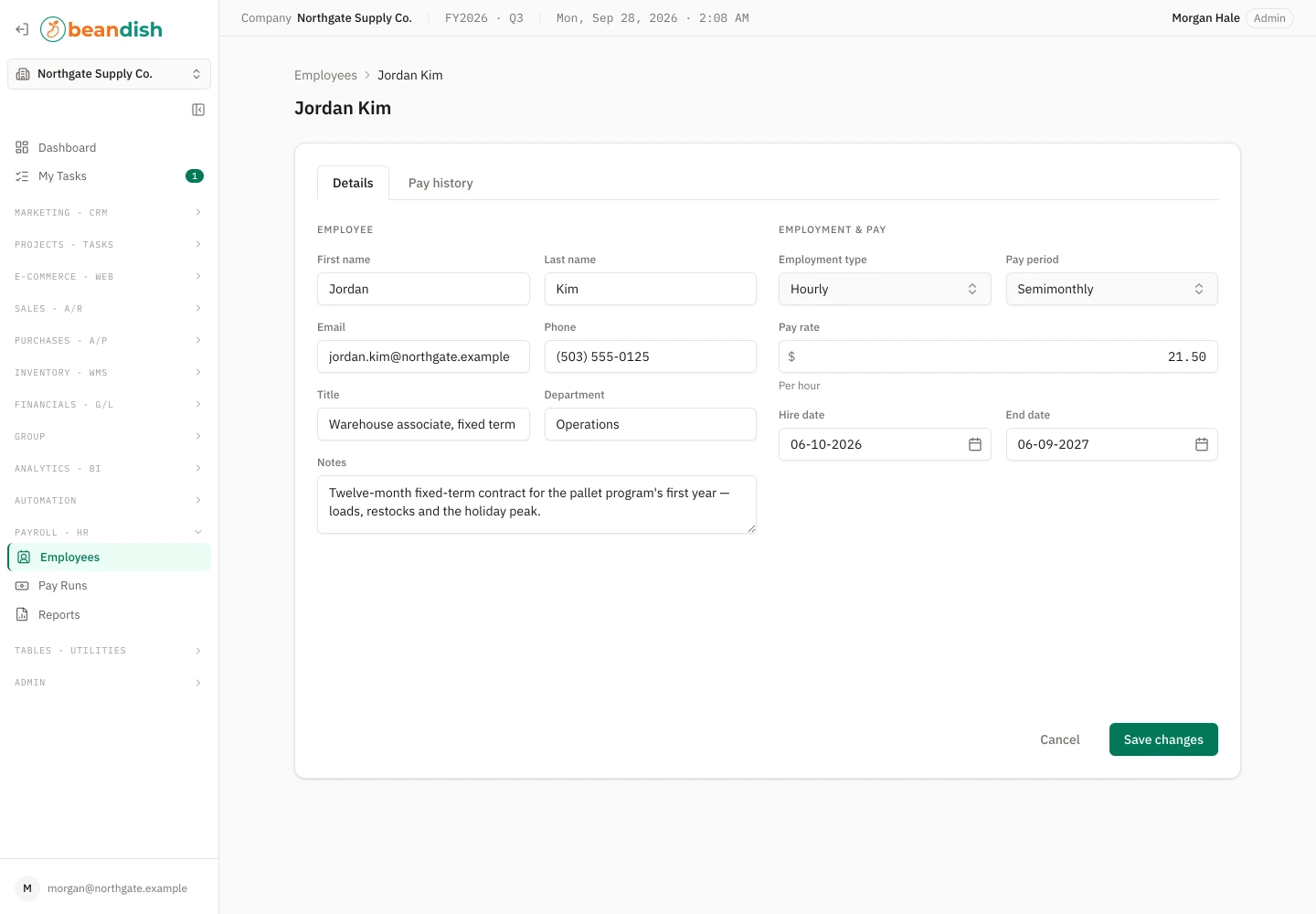 The employee form on its Details tab, with a Pay history tab beside it: first and last name, email, phone, title, department and notes, then employment type, pay period, pay rate, hire date and end date, with Cancel and Save changes
