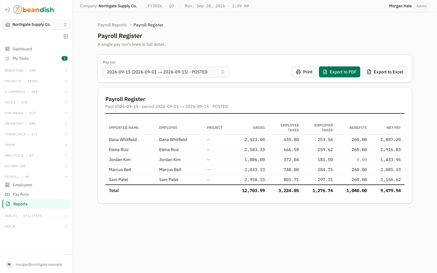 The payroll register report for one pay run: the pay run picker with Print, Export to PDF and Export to Excel, then each line’s imported name, employee, project, gross, employee taxes, employer taxes, benefits and net pay, with a total row