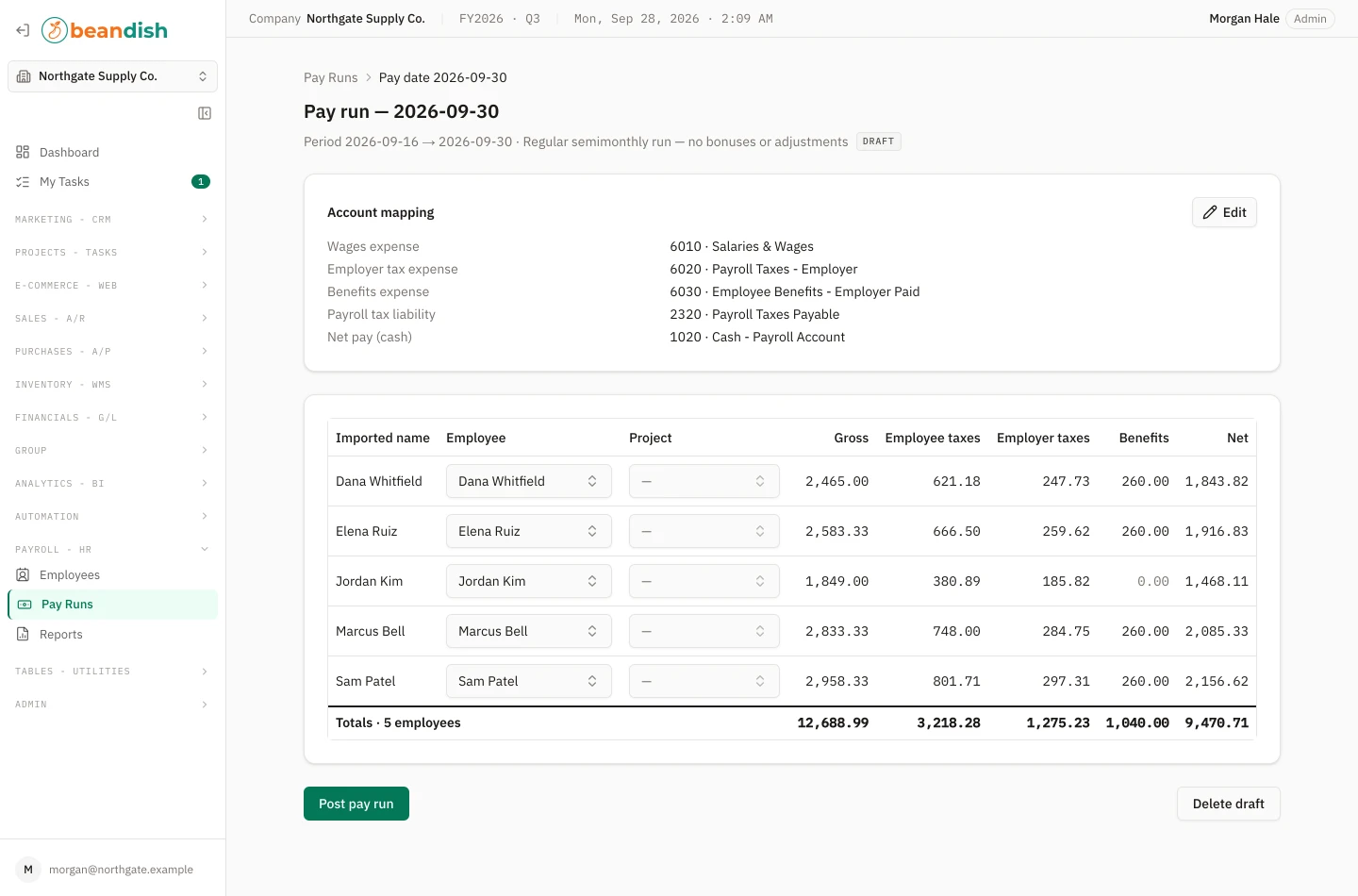 A draft pay run: its pay date, pay period, notes and Draft stamp, an account mapping card naming the wages expense, employer tax expense, benefits expense, payroll tax liability and net pay accounts, with an Edit button, then each imported line with the imported name, an employee picker, a project picker, gross, employee taxes, employer taxes, benefits and net, a totals row, and the Post pay run and Delete draft buttons