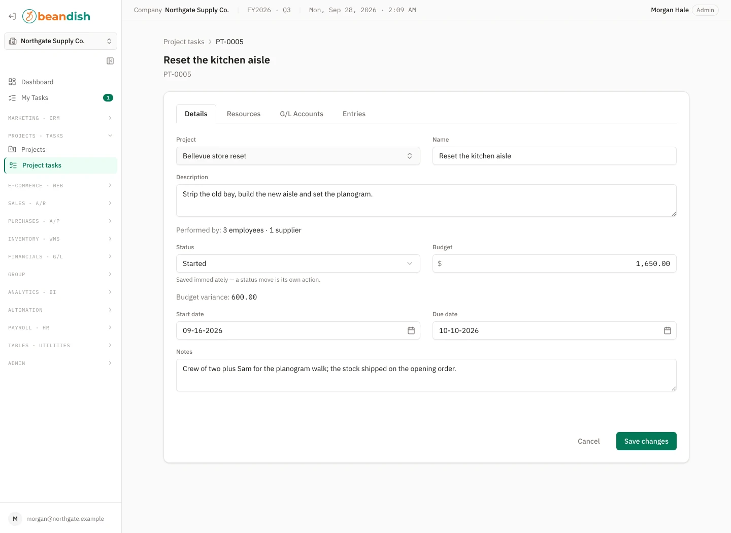 The project task form on its Details tab, with tabs for Resources, G/L Accounts and Entries beside it: project, name, description, a Performed by line counting its employees and suppliers, status, budget and its variance, start date, due date and notes, with Cancel and Save changes