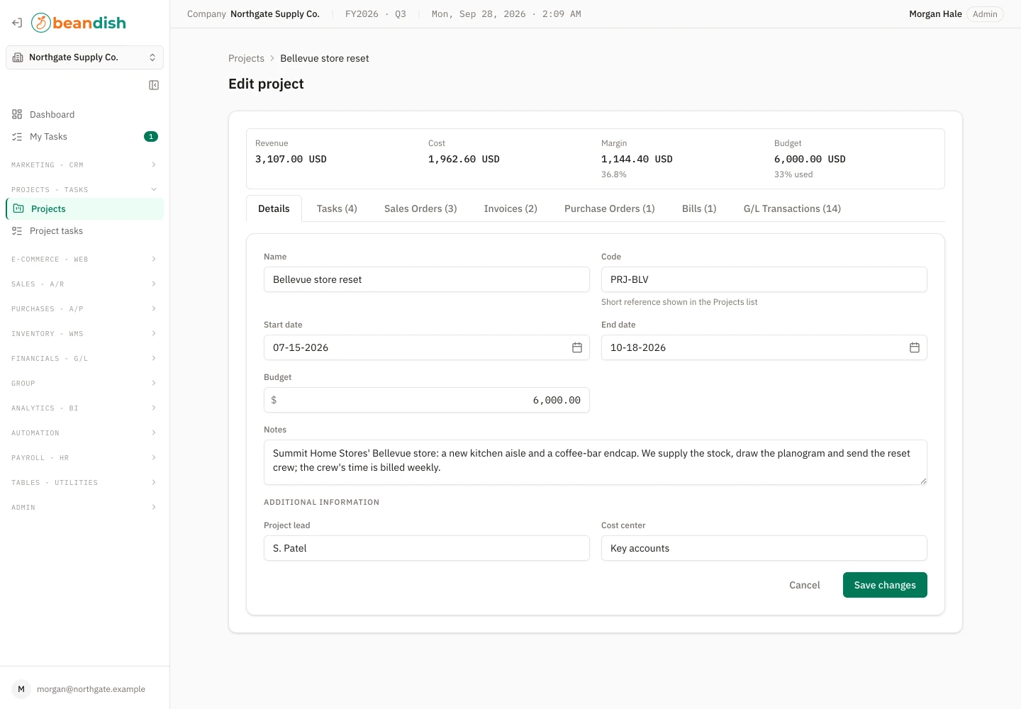 The edit project form: revenue, cost, margin and budget-used figures above tabs for the project’s tasks, sales orders, invoices, purchase orders, bills and G/L transactions, and the Details tab with name, code, start date, end date, budget, notes, and an Additional information band holding project lead and cost center, with Cancel and Save changes