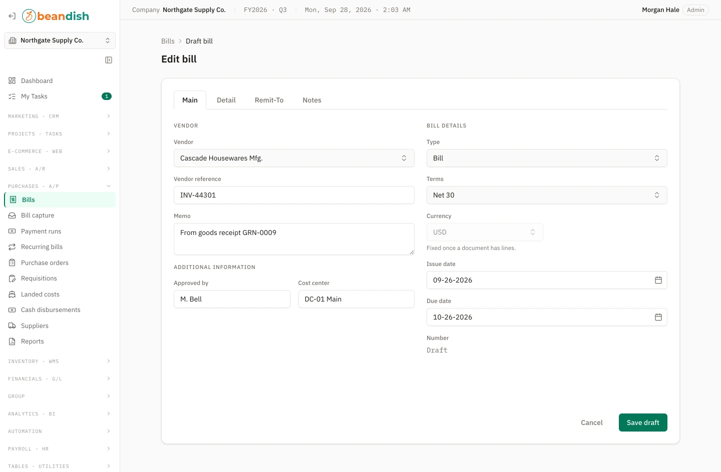 The bill form on its Main tab: the vendor, vendor reference and memo with the company’s own fields for approved by and cost center beside the bill’s type, terms, currency, issue date, due date and number, which reads Draft, with tabs for its lines, remit-to address and notes