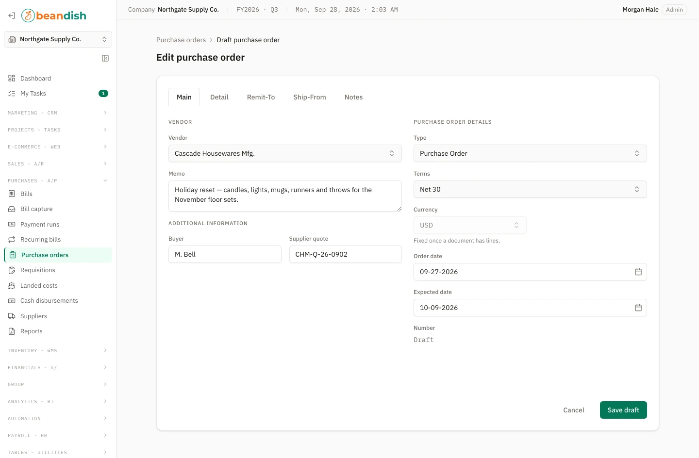 The purchase order form on its Main tab: the vendor and memo with the company’s own fields for the buyer and the supplier quote beside the order’s type, terms, currency, order date, expected date and number, which reads Draft, with tabs for its lines, remit-to and ship-from addresses and notes