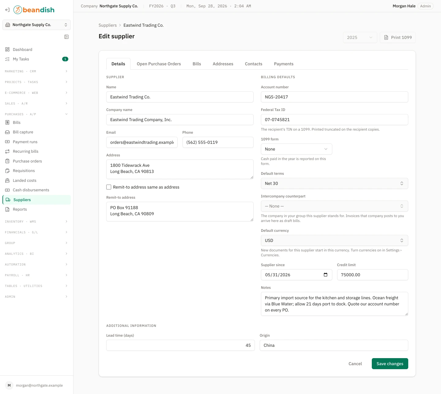 A supplier’s record on its Details tab: the name, company name, email, phone, address and a separate remit-to address beside the billing defaults — account number, federal tax ID, 1099 form, default terms, intercompany counterpart, default currency, supplier since, credit limit and notes — with the company’s own fields for lead time and origin below, a Print 1099 button and its tax-year picker above, and tabs for the supplier’s open purchase orders, bills, addresses, contacts and payments