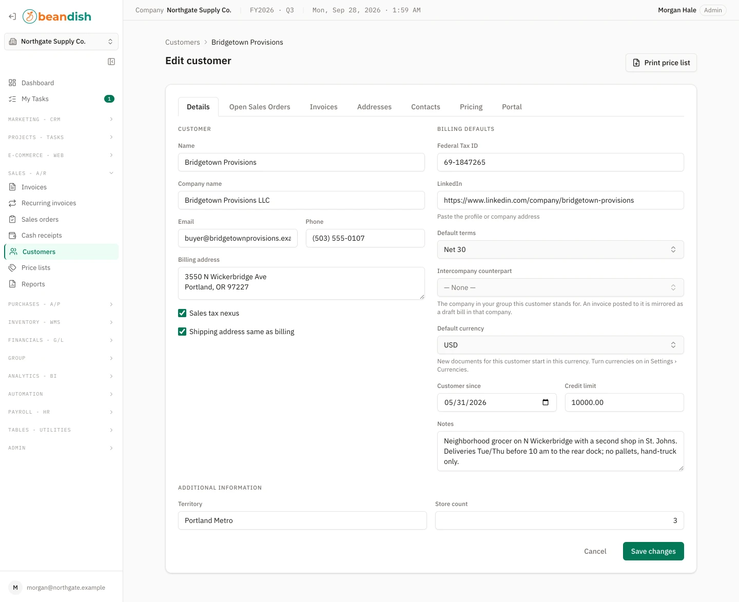A customer’s record on its Details tab: the name, company name, email, phone, billing address and sales tax nexus beside the billing defaults — federal tax ID, LinkedIn, default terms, intercompany counterpart, default currency, customer since, credit limit and notes — with the company’s own fields for territory and store count below, and tabs for the customer’s open sales orders, invoices, addresses, contacts, pricing and portal