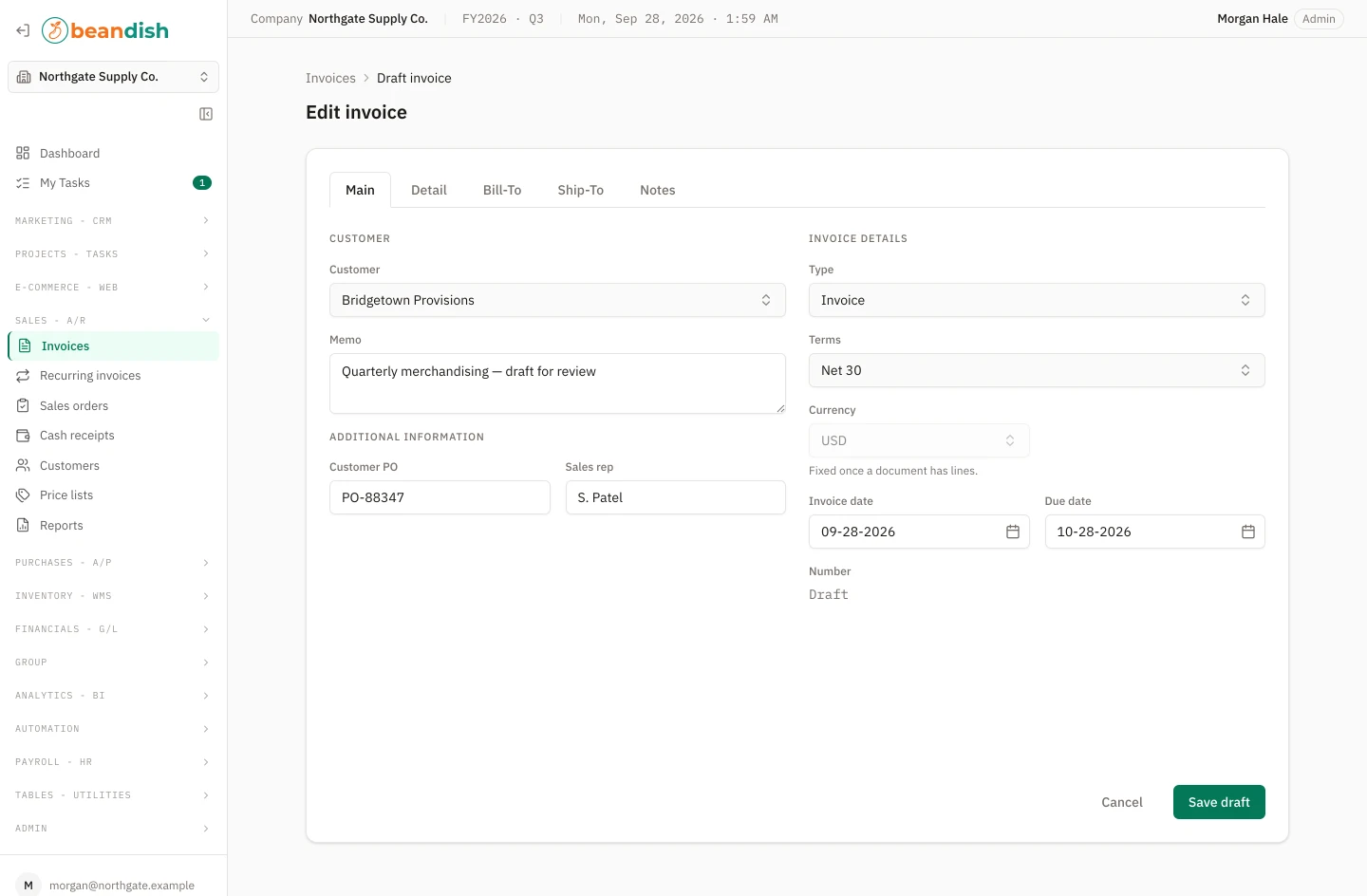 The invoice form on its Main tab: the customer, memo and the company’s own fields for the customer’s PO and the sales rep beside the invoice’s type, terms, currency, invoice date, due date and number, which reads Draft, with tabs for its lines, bill-to and ship-to addresses and notes