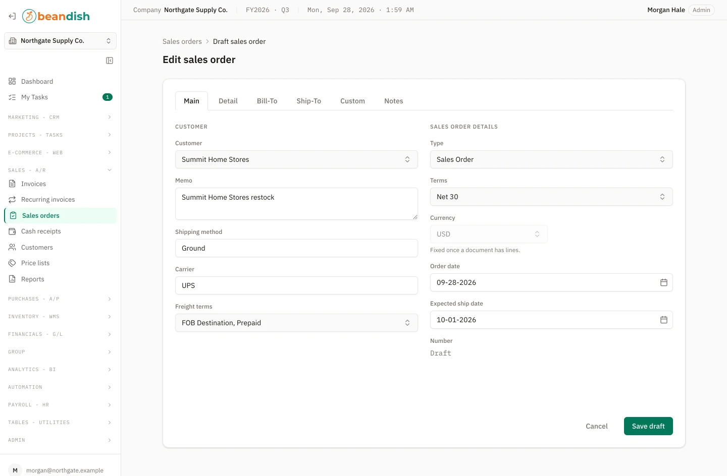 The sales order form on its Main tab: the customer, memo, shipping method, carrier and freight terms beside the order’s type, terms, currency, order date, expected ship date and number, which reads Draft, with tabs for its lines, bill-to and ship-to addresses, custom fields and notes